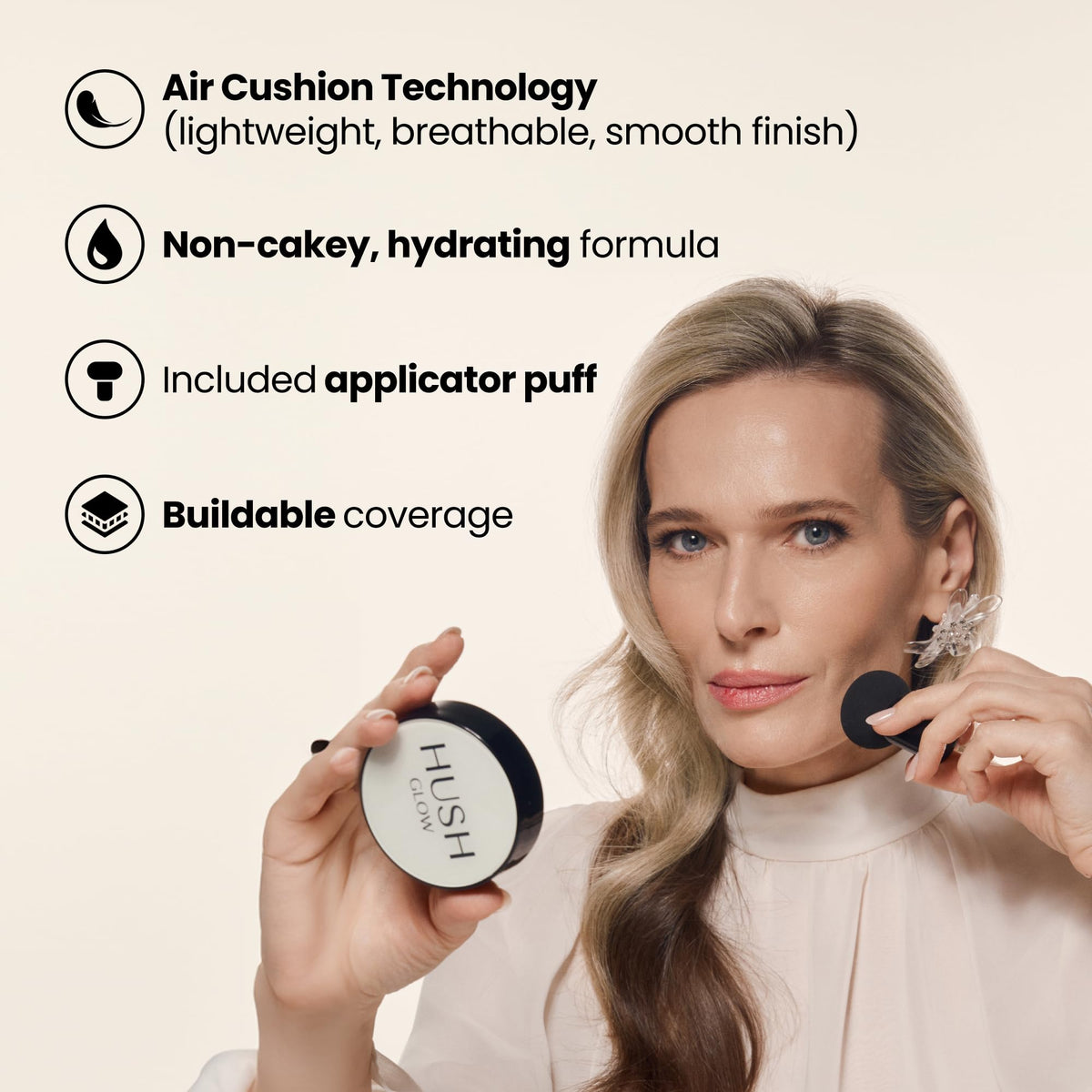 Hush Glow Foundation Cushion SPF 30 showing mushroom applicator