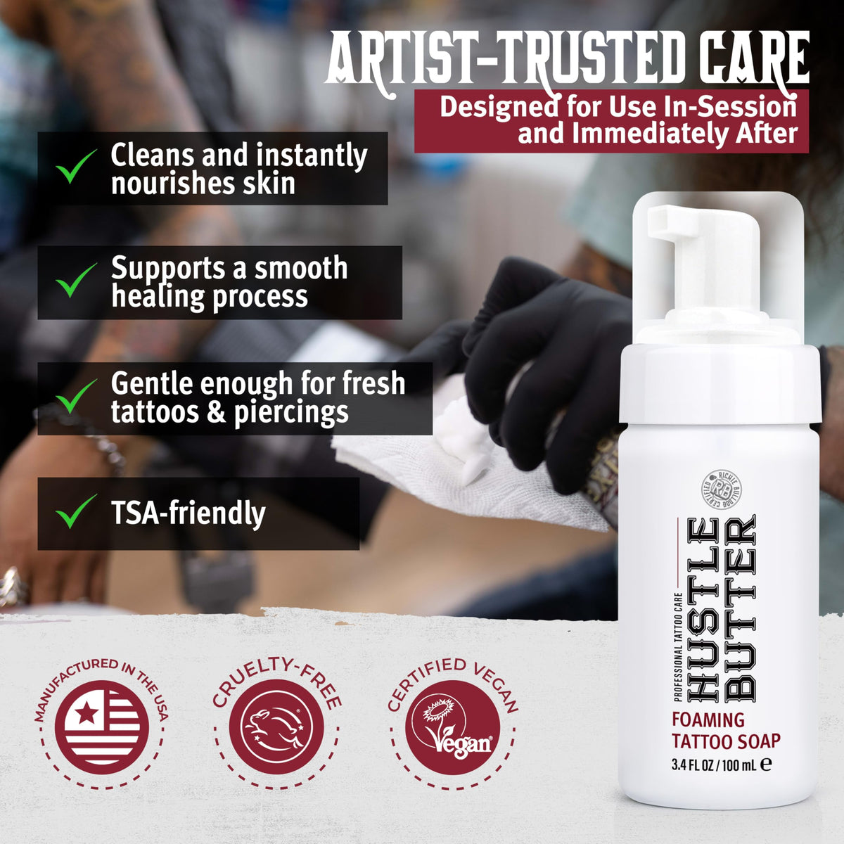 Hustle Bubbles Tattoo Aftercare Foaming Soap application on skin