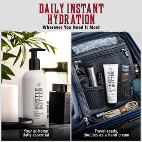 Hustle Butter Deluxe Tattoo Aftercare Lotion with tropical background