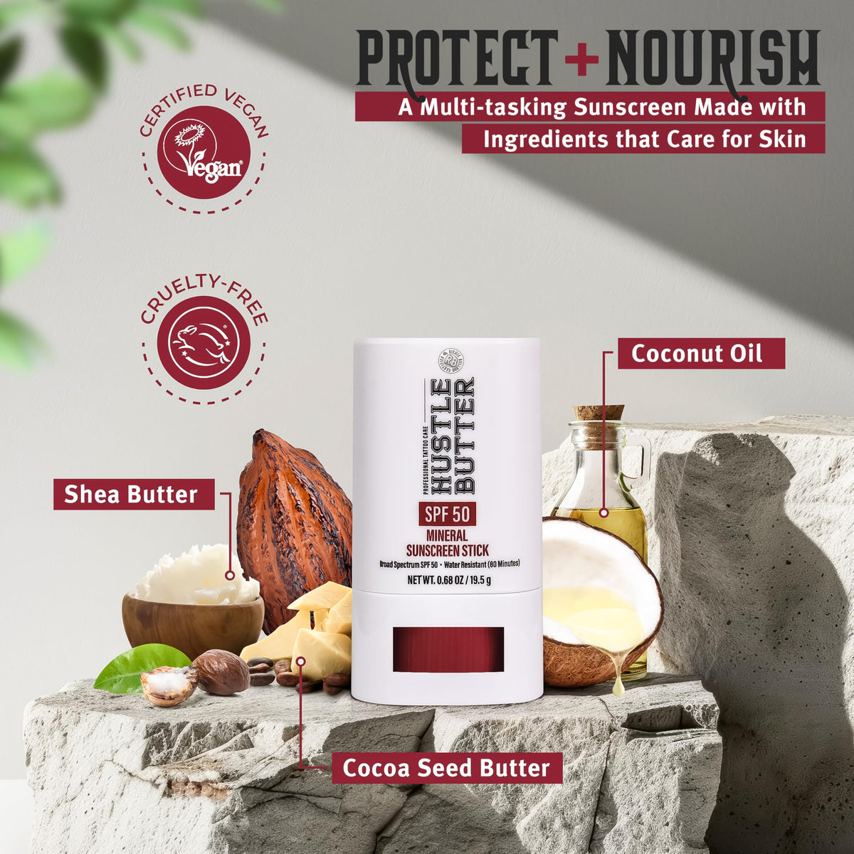 Hustle Butter Deluxe Tattoo Aftercare Sunscreen Stick with shea butter and coconut oil ingredients