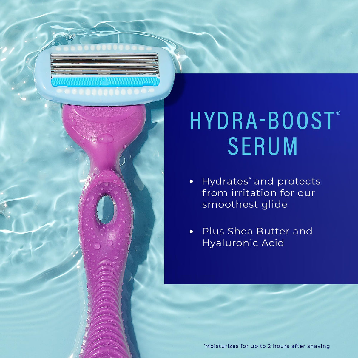 Hydra-support serum ingredients on Schick Hydro Silk packaging