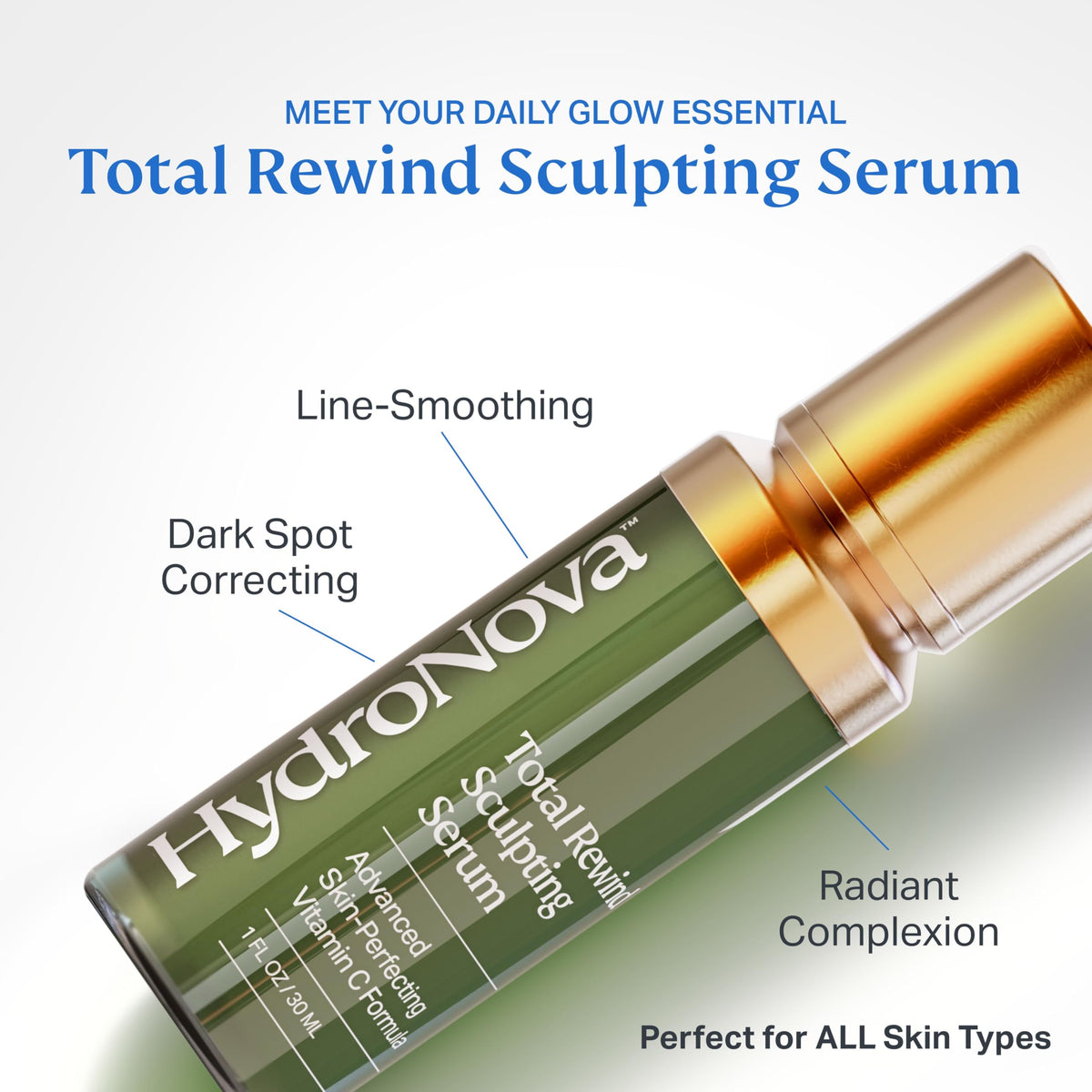 HYDRONOVA Total Rewind Sculpting Serum 1 fl oz bottle side view