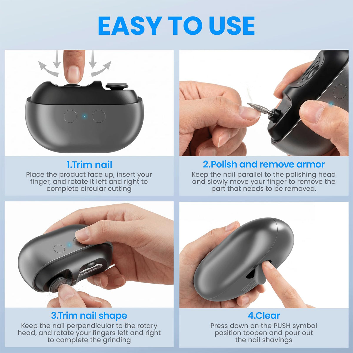 Hypoet Electric Nail Clippers showing one-touch operation
