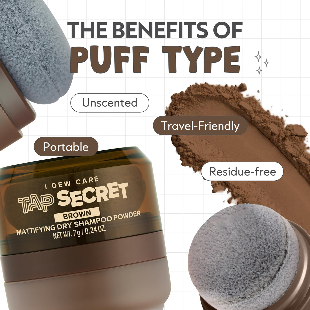 I DEW CARE Tap Secret Dry Shampoo Powder Brown with hairbrush