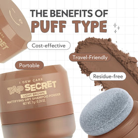 I DEW CARE Tap Secret Dry Shampoo Powder Light Brown in travel bag