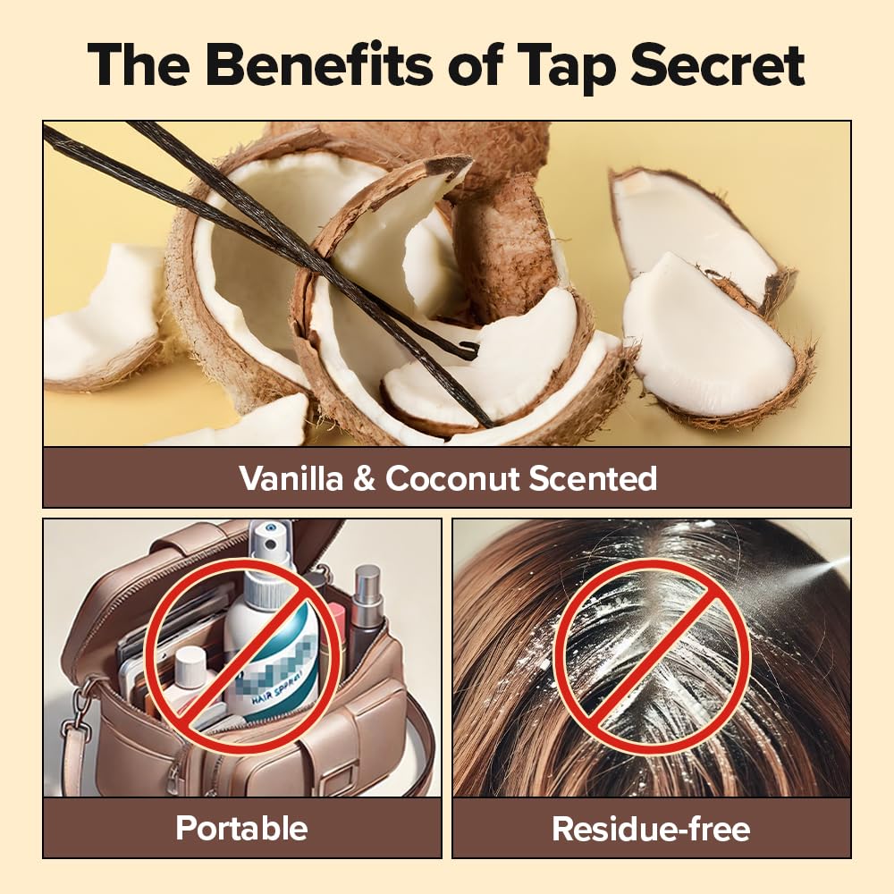 I DEW CARE Tap Secret Dry Shampoo Powder with warm vanilla and coconut background