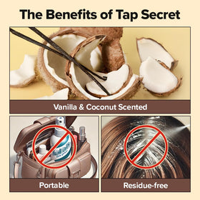I DEW CARE Tap Secret Dry Shampoo Powder with warm vanilla and coconut background