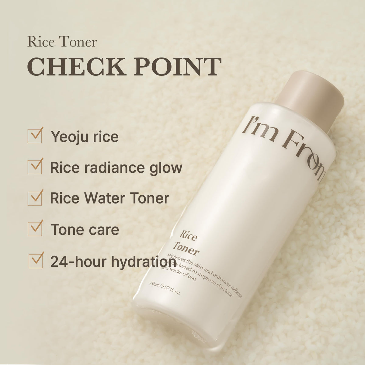 I'm From Rice Toner 150mL displayed with rice grains