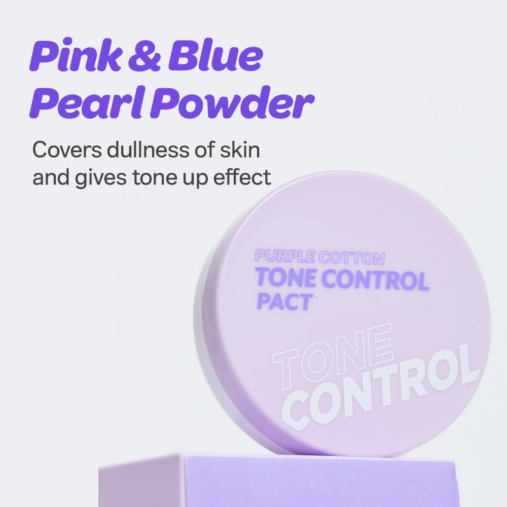 I'M MEME Purple Cotton Tone Control Pact on a makeup table