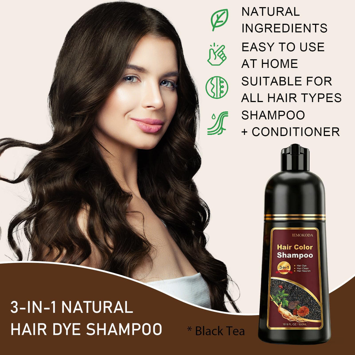 iemokoda Black Tea Hair Dye Shampoo 3-in-1 packaging