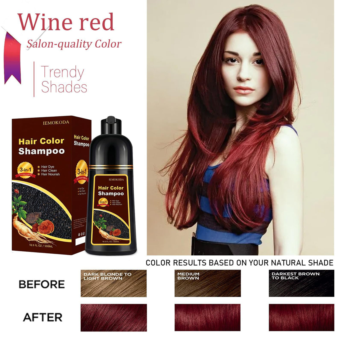iemokoda Burgundy Hair Dye Shampoo 3-in-1 bottle with label