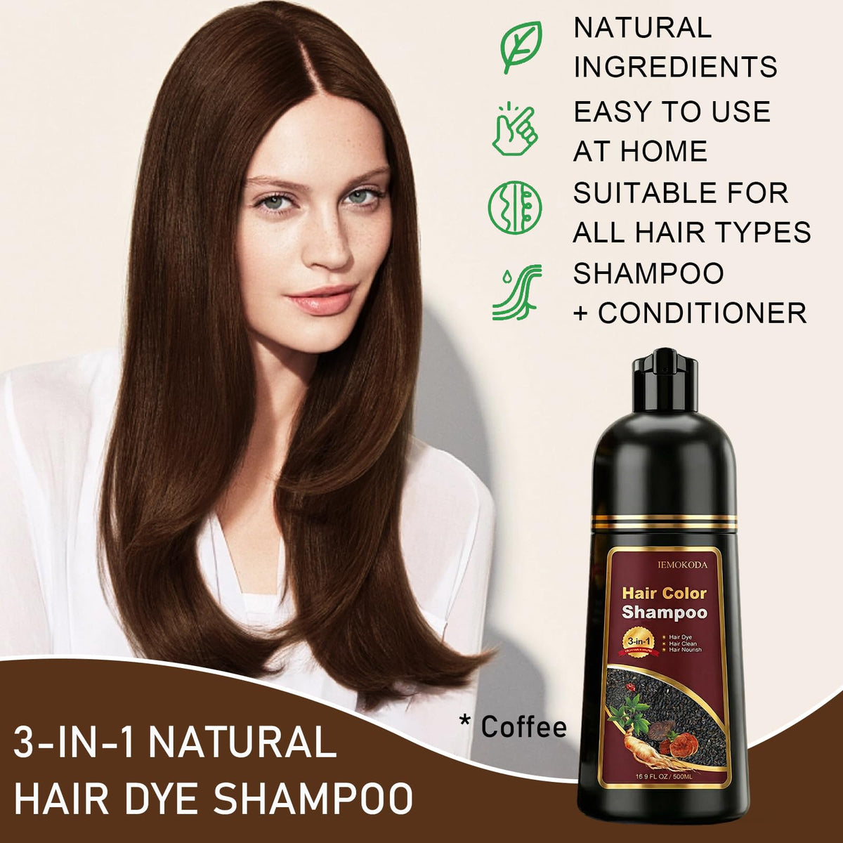 iemokoda Coffee Hair Dye Shampoo 3 in 1 bottle with label