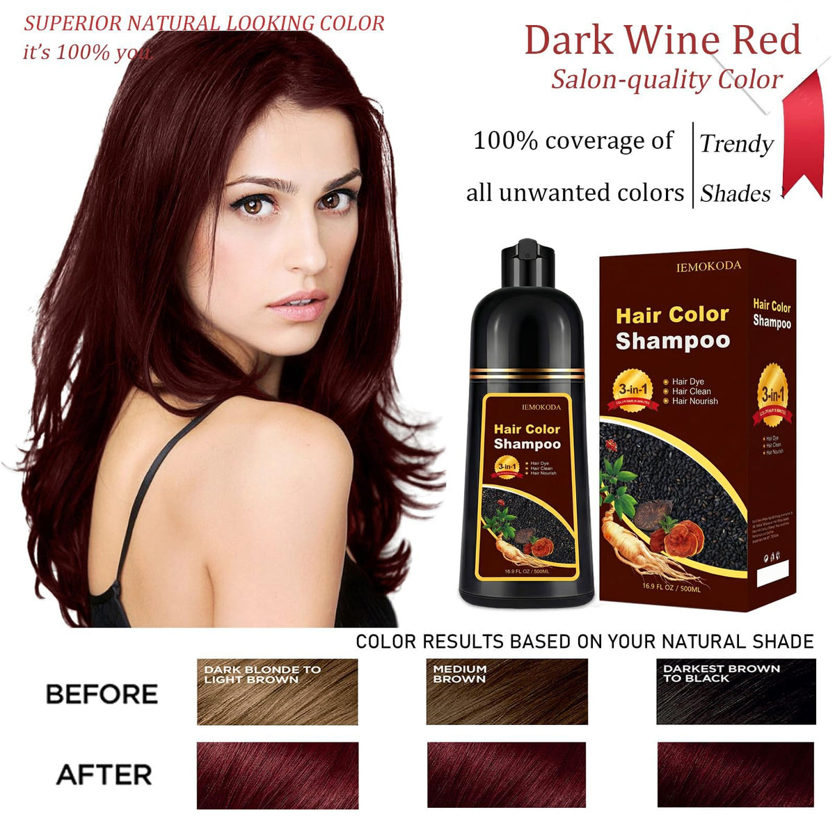 iemokoda Dark Wine Red Hair Dye Shampoo 3-in-1 back view