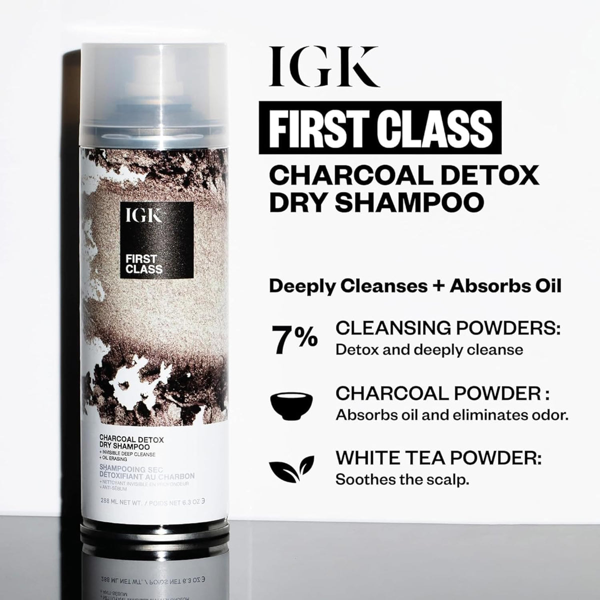 IGK dry shampoo bottle on a bathroom counter