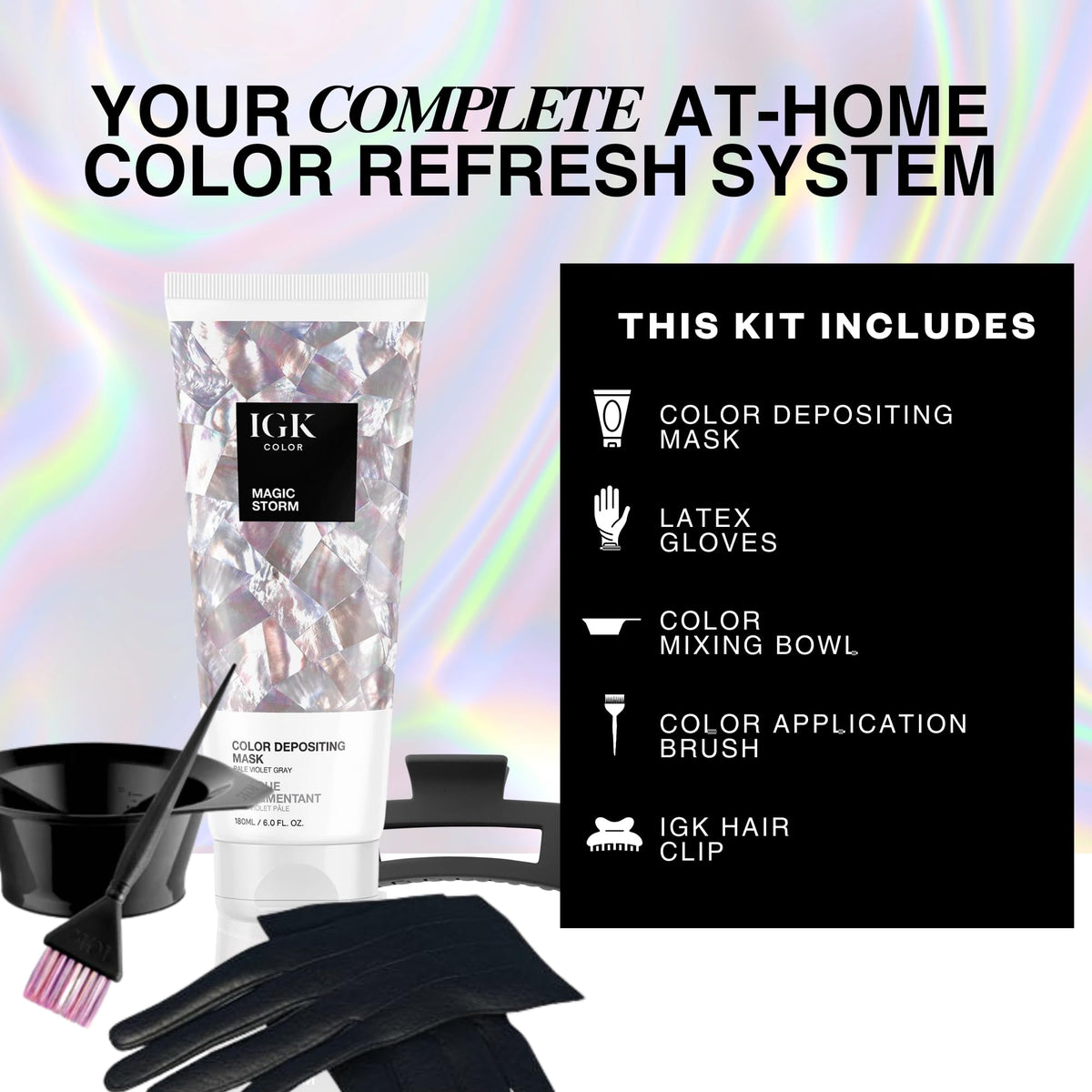 IGK Magic Storm Hair Gloss application tools including bowl and brush