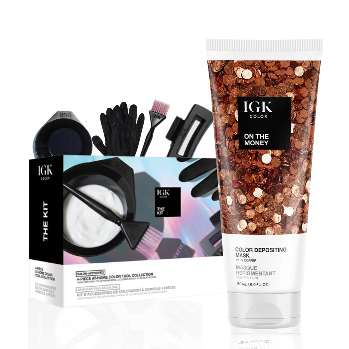 IGK On The Money Fiery Copper Hair Gloss front view with packaging