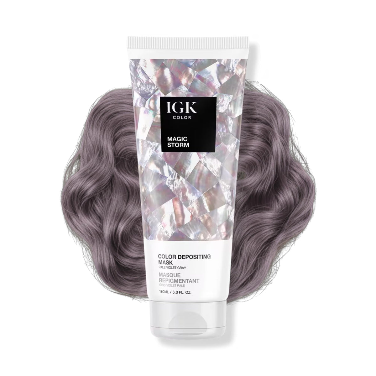 IGK Pale Violet Gray Hair Gloss front view with packaging