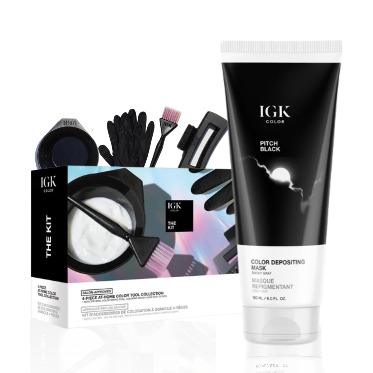 IGK Pitch Black Hair Gloss Kit packaging front view