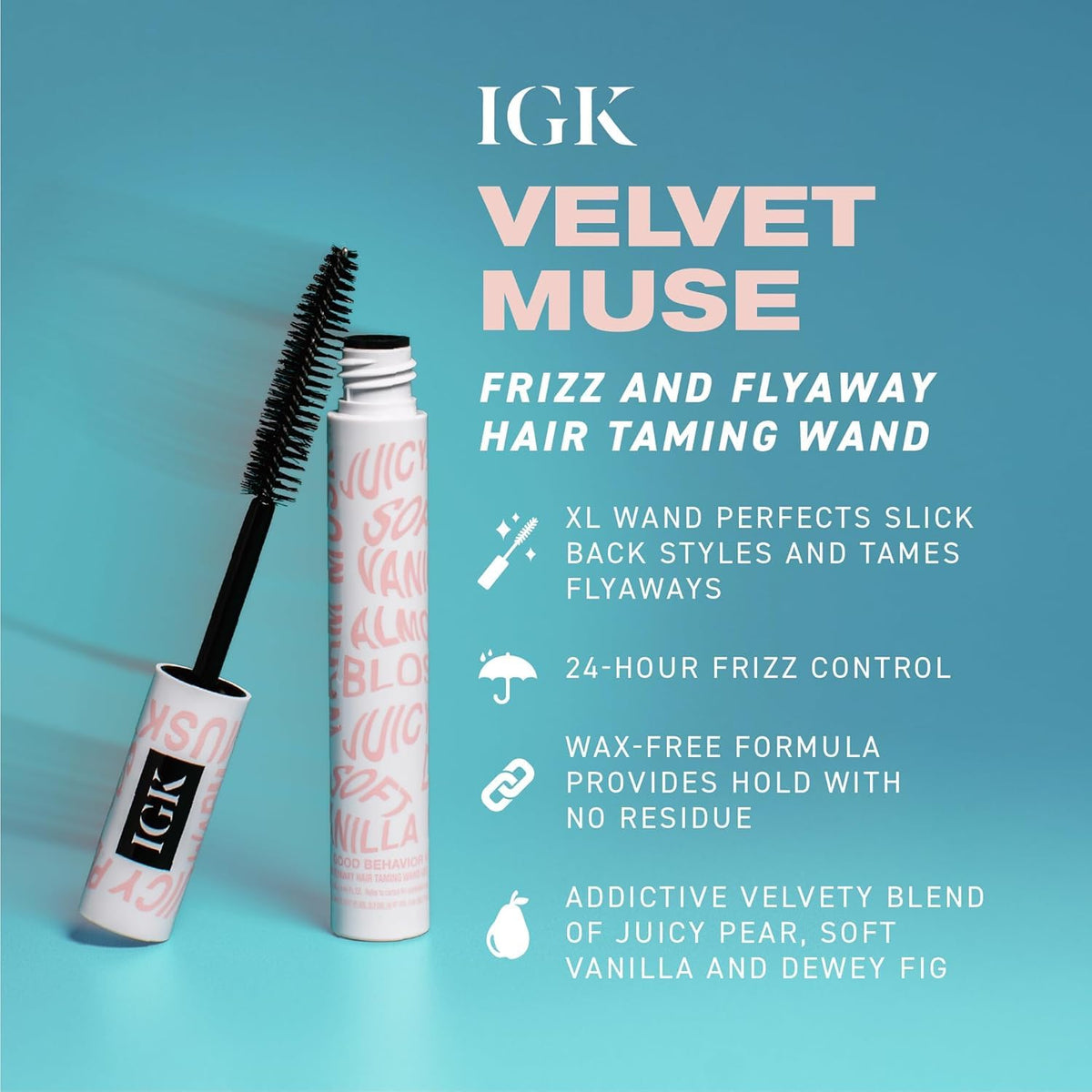 IGK Velvet Muse Taming Wand packaging with soft vanilla scent