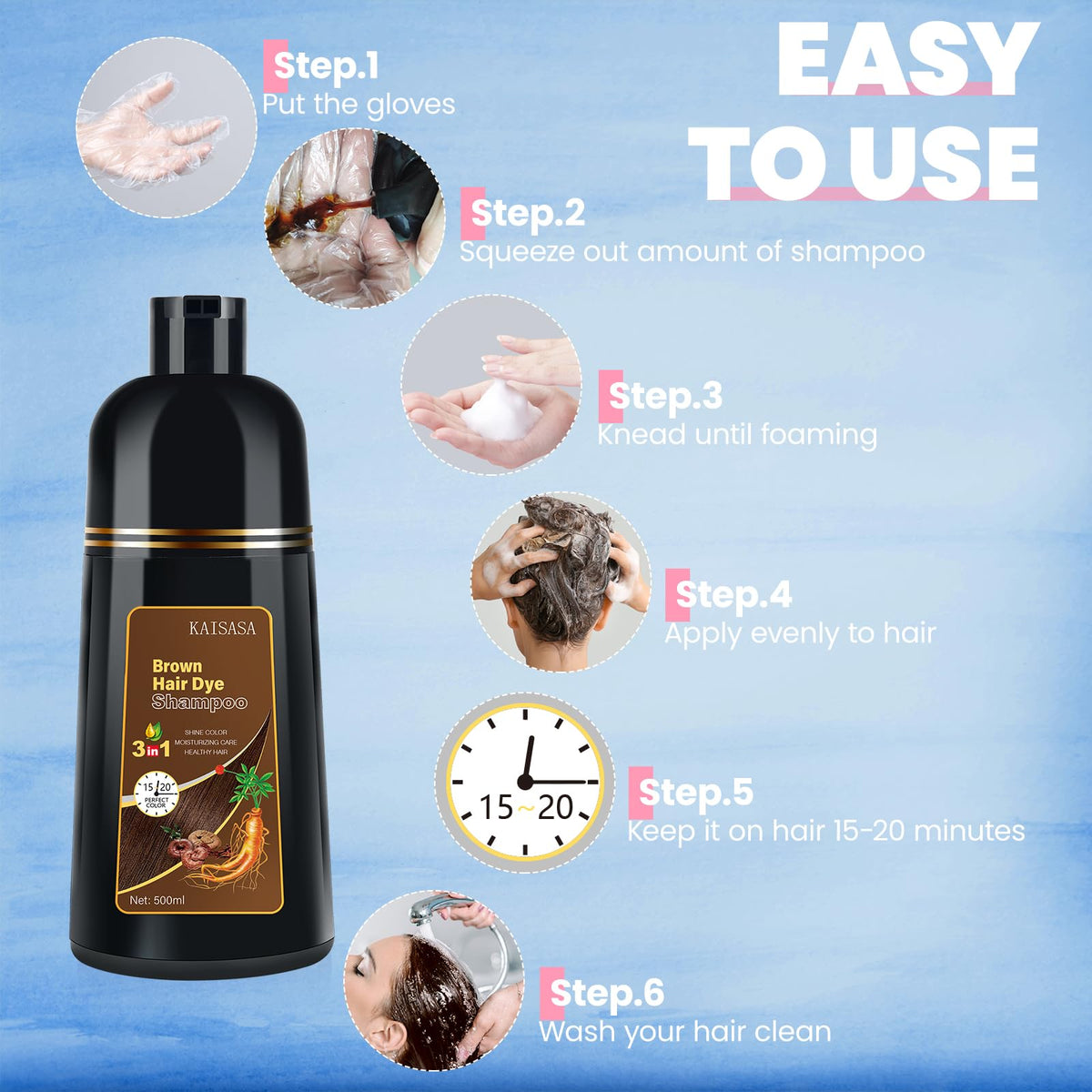 IIIMEIDU Brown Hair Dye Shampoo 3 in 1 application process