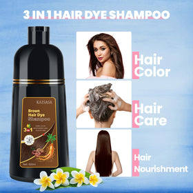 IIIMEIDU Brown Hair Dye Shampoo 3 in 1 on a bathroom shelf