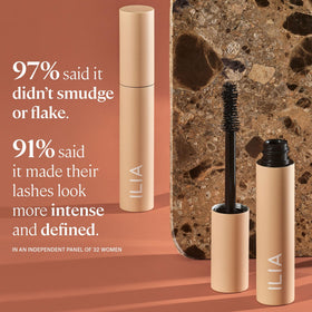 ILIA Fullest Volumizing Mascara Classic Black on a vanity