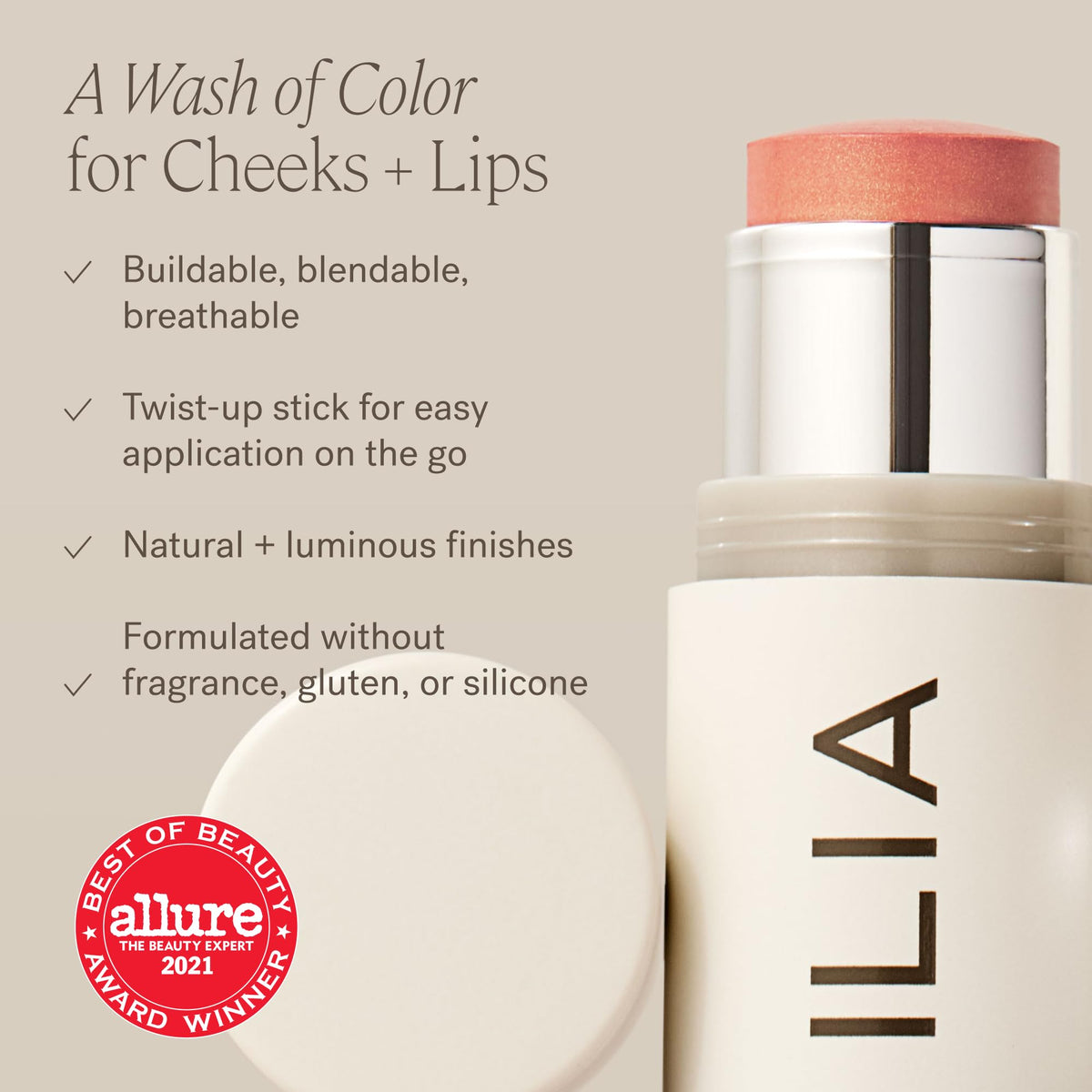 ILIA Multi-Stick Cheek + Lip Color applied on lips
