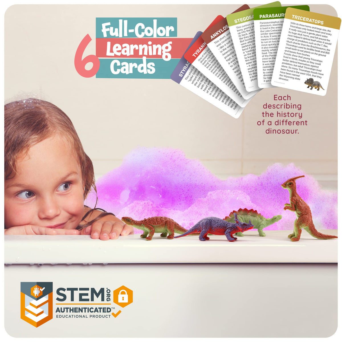 Illustrated cards describing different dinosaurs included with bath bombs