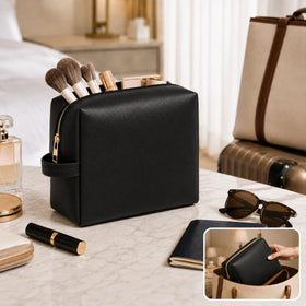 imerelez 3PCS PU Leather Makeup Bag Set displayed with travel essentials