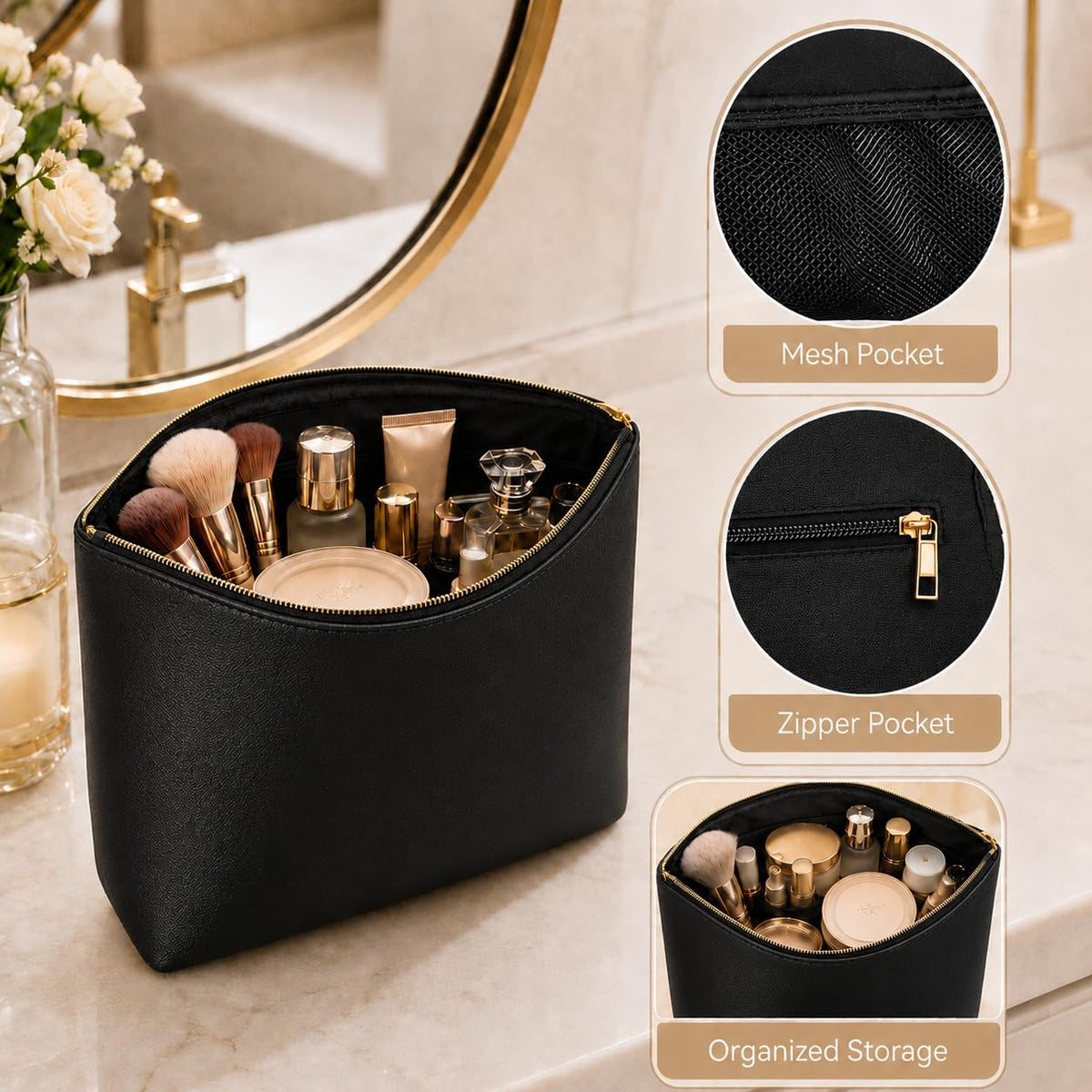 imerelez 3PCS PU Leather Makeup Bag Set on vanity with cosmetics