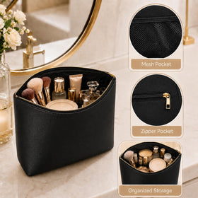 imerelez 3PCS PU Leather Makeup Bag Set on vanity with cosmetics