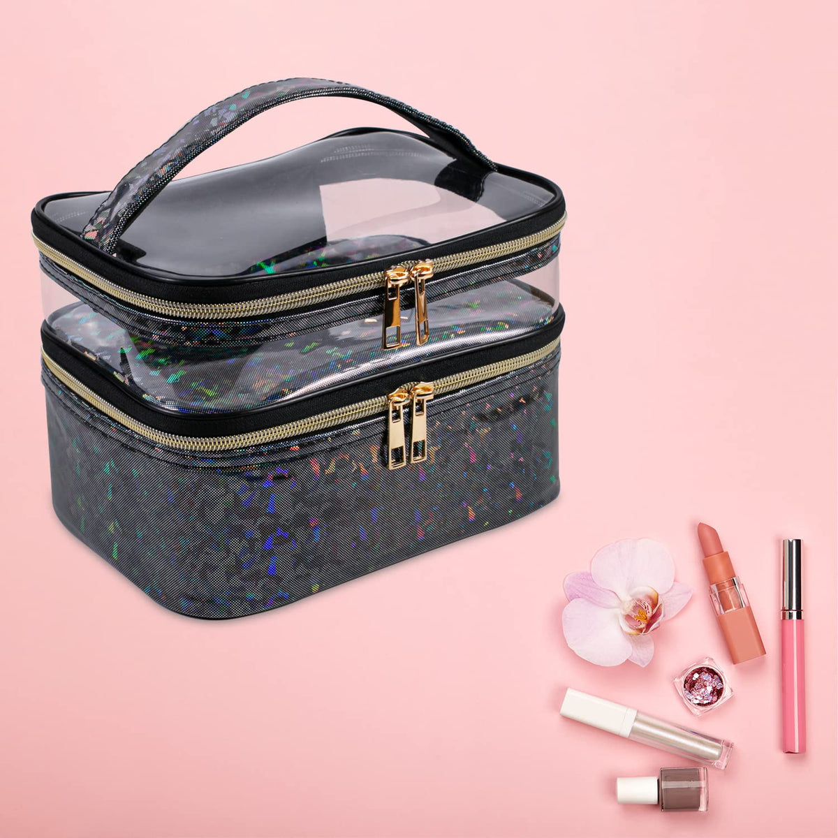 imerelez Double-layer Makeup Bag packed for travel