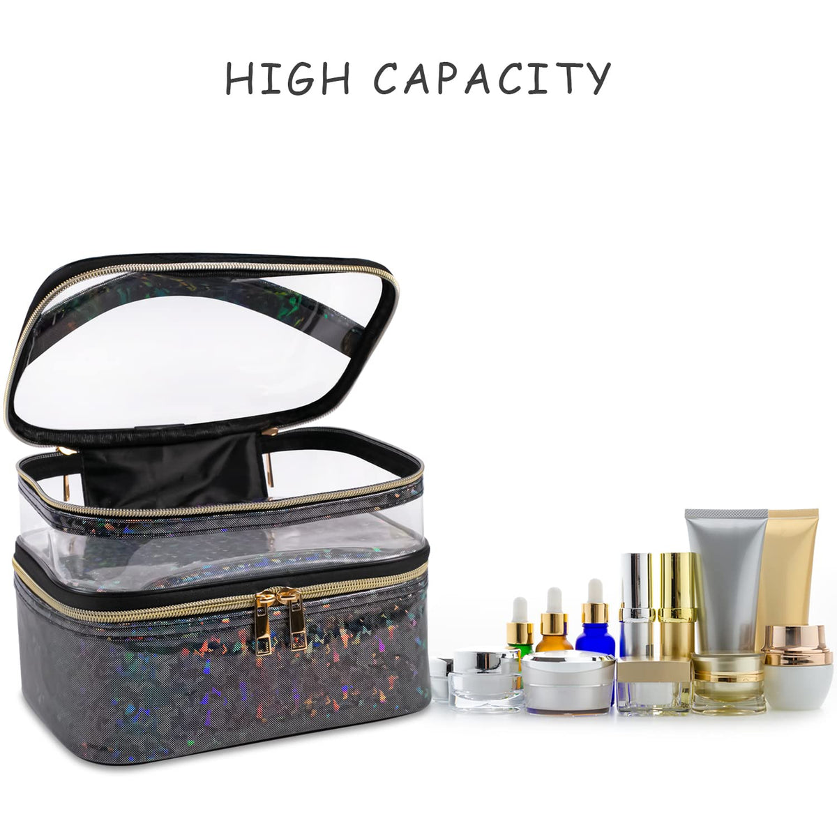 imerelez Double-layer Makeup Bag side view with PU vegan leather