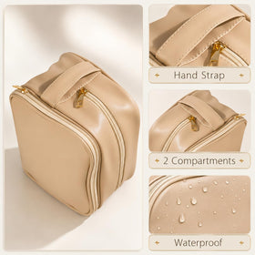 imerelez Double Layer Travel Makeup Bag on bathroom counter with cosmetics