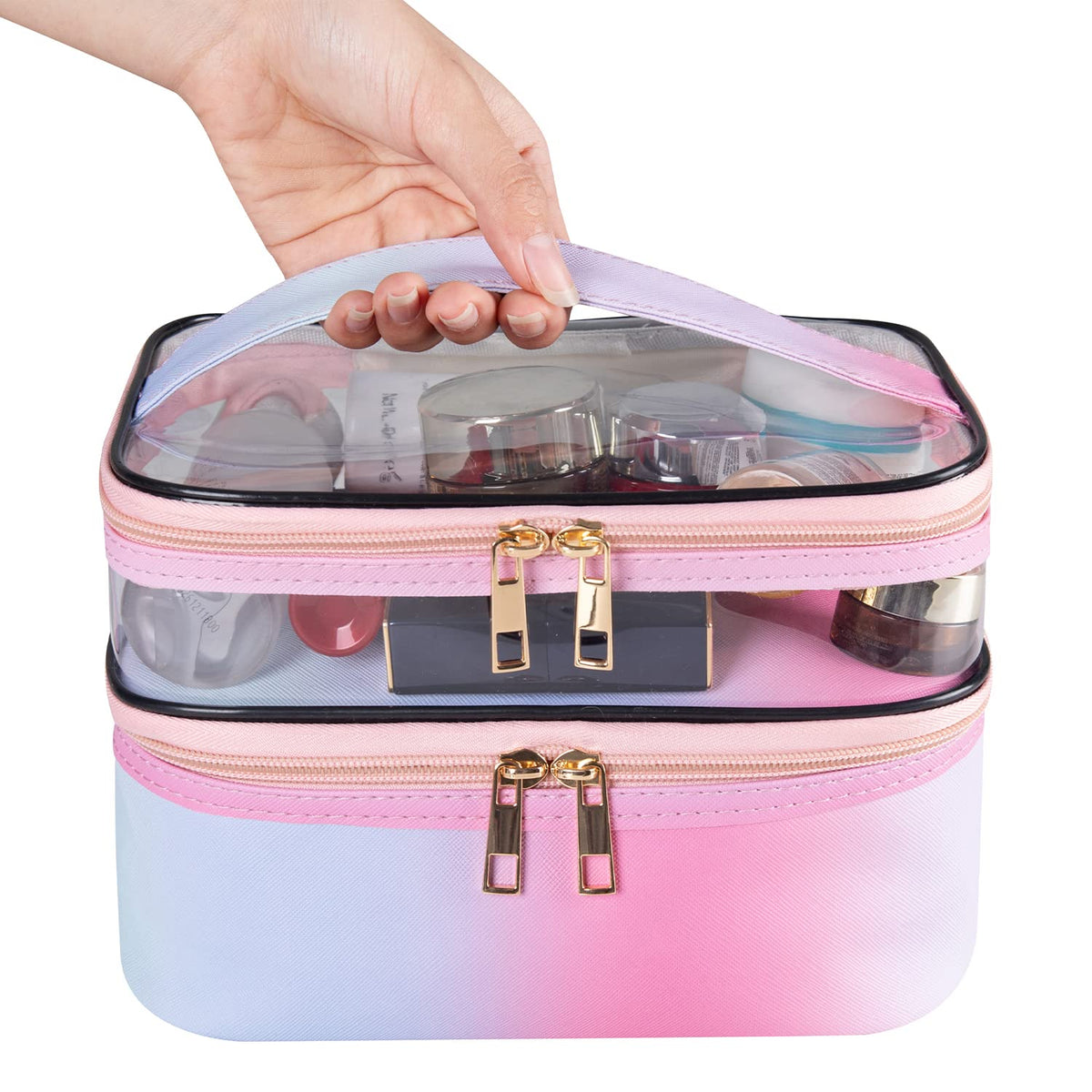 imerelez Travel Makeup Bag in lifestyle setting with cosmetics