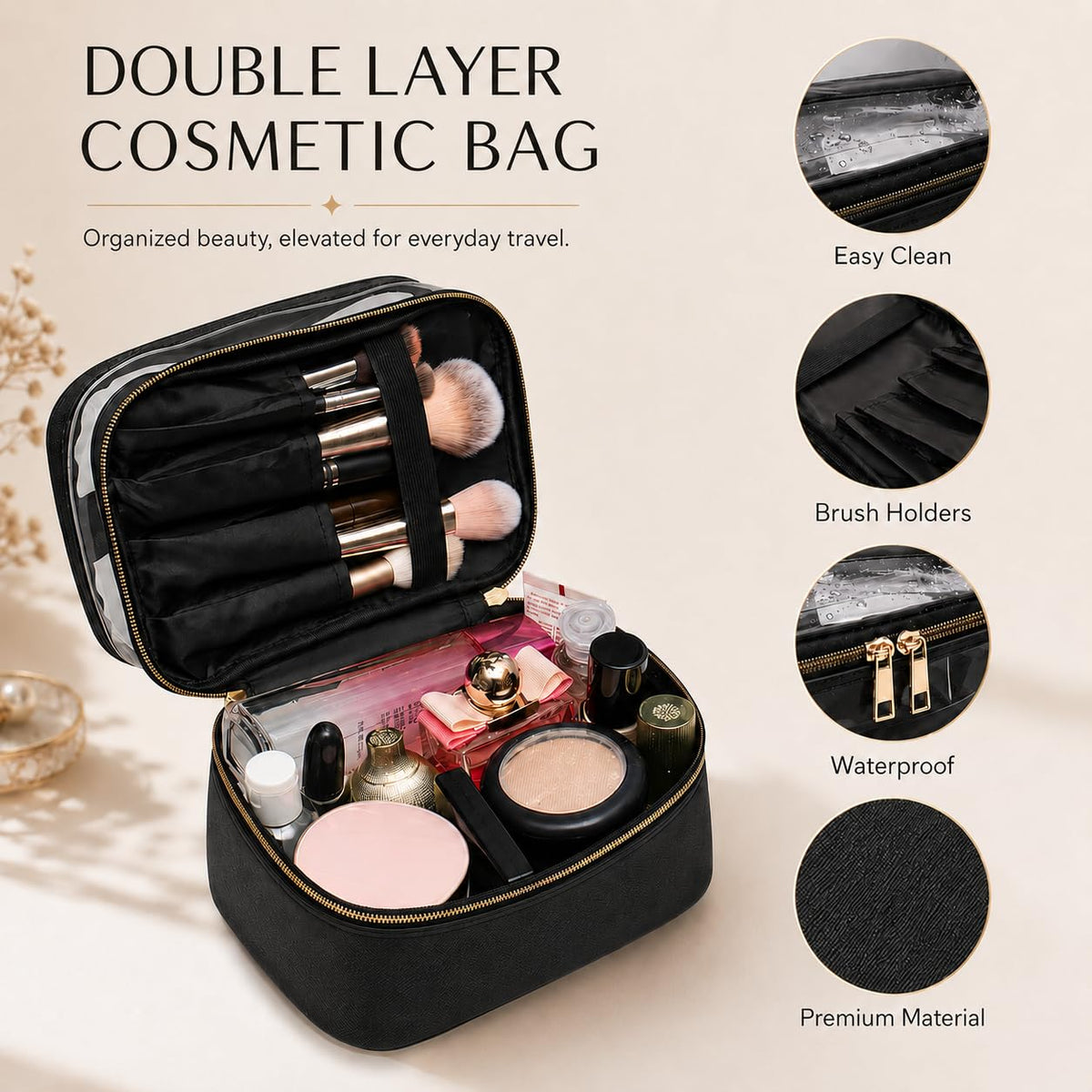imerelez Travel Makeup Bag showing large capacity with cosmetics