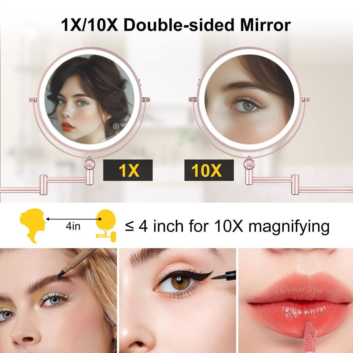 IMIKONA 9-inch lighted makeup mirror showing 10X magnification