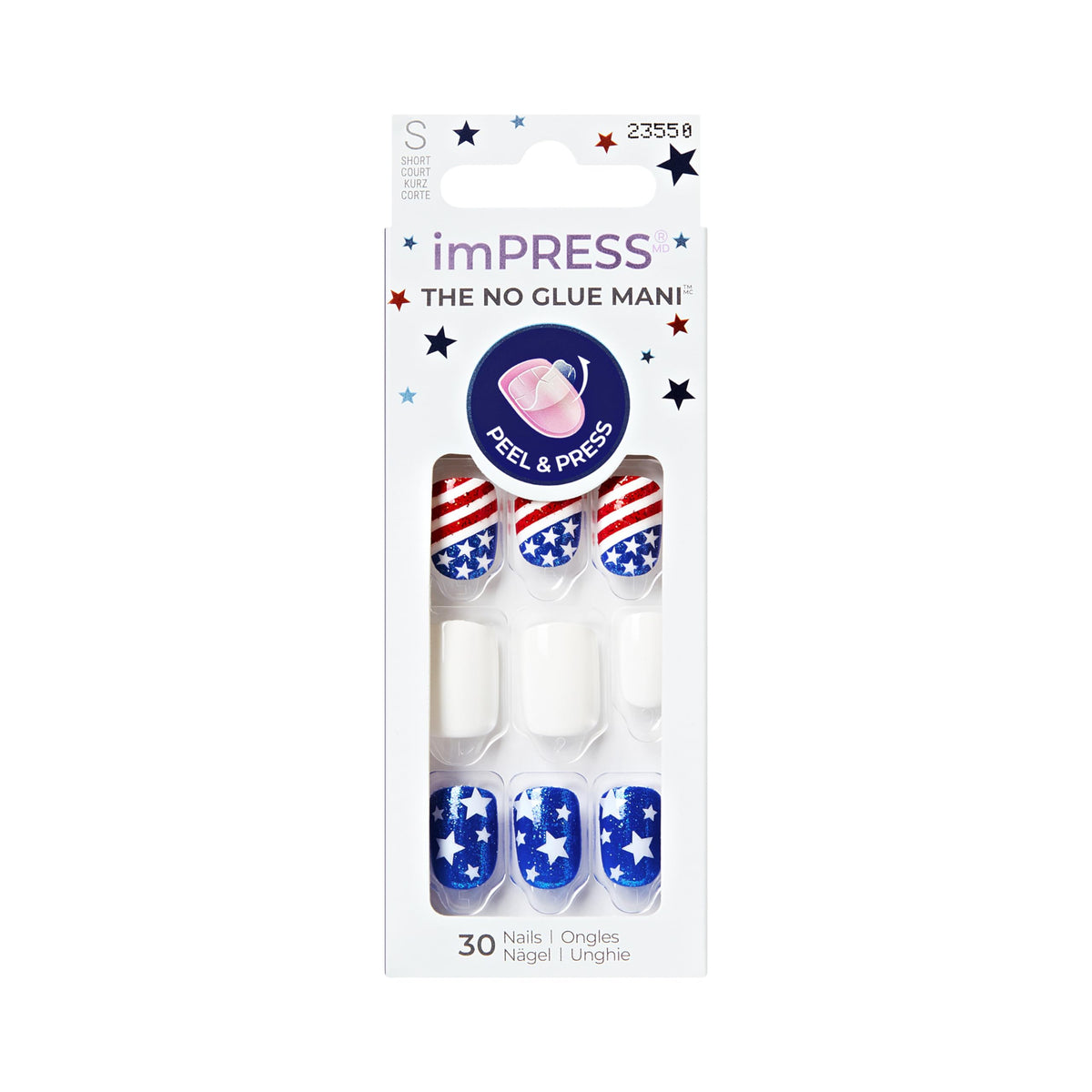imPRESS Liberty Press On Nails short squoval design with red, white, and blue pattern