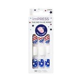 imPRESS Liberty Press On Nails short squoval design with red, white, and blue pattern