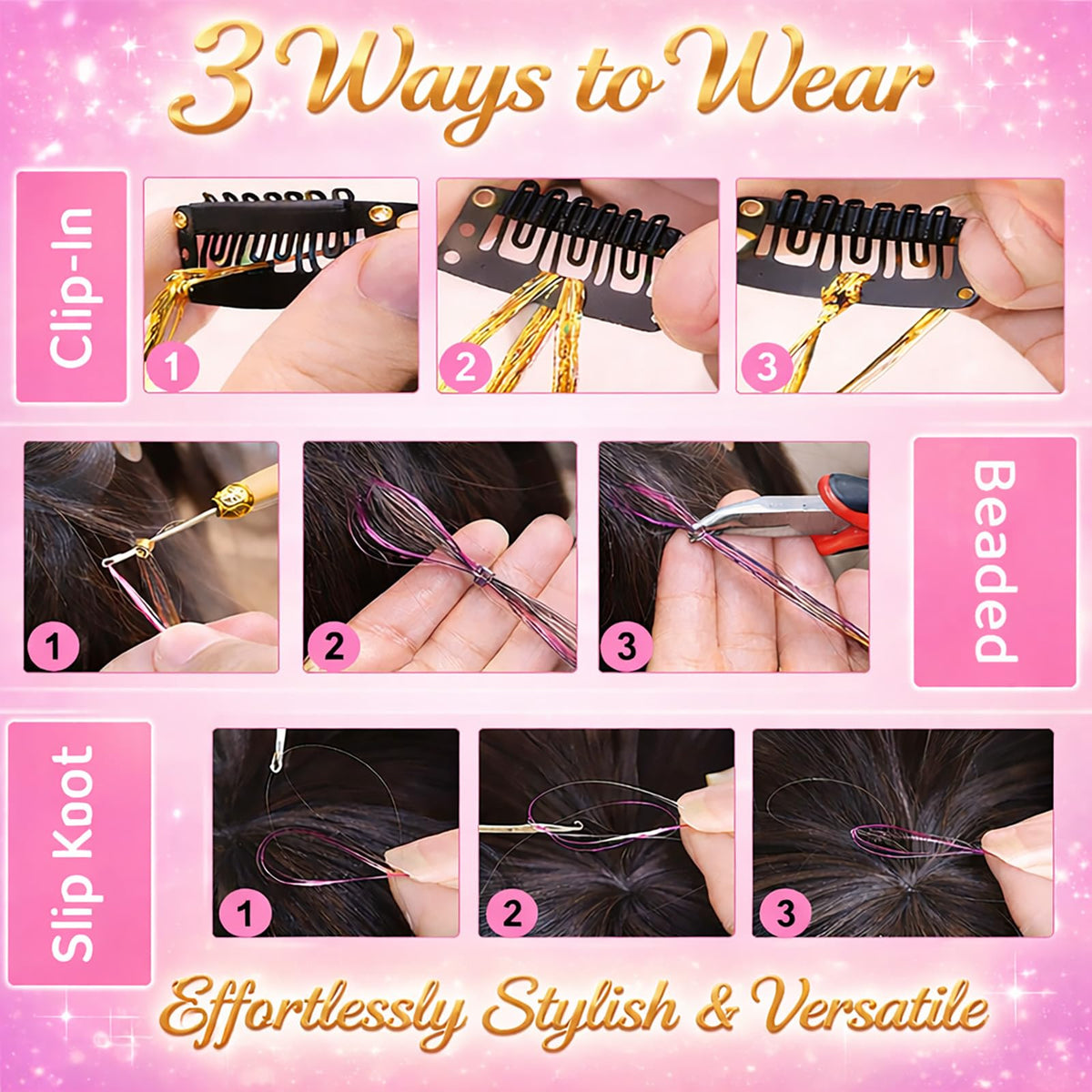 Individual packages of hair tinsel in bright colours