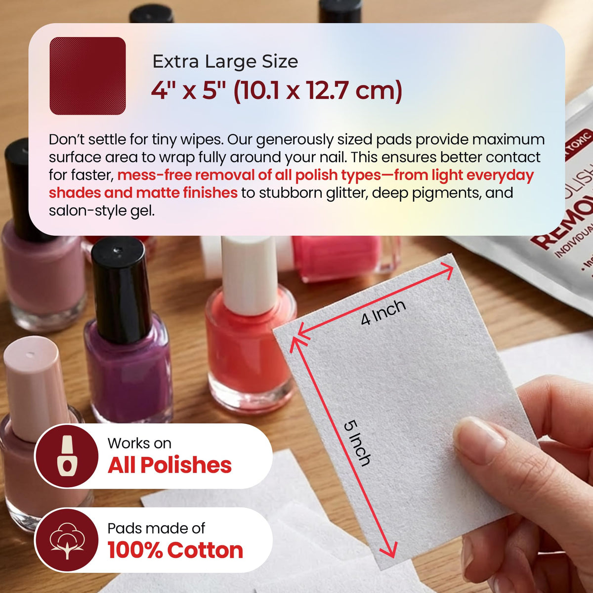 Individually wrapped WGF Nail Polish Remover Pad close-up