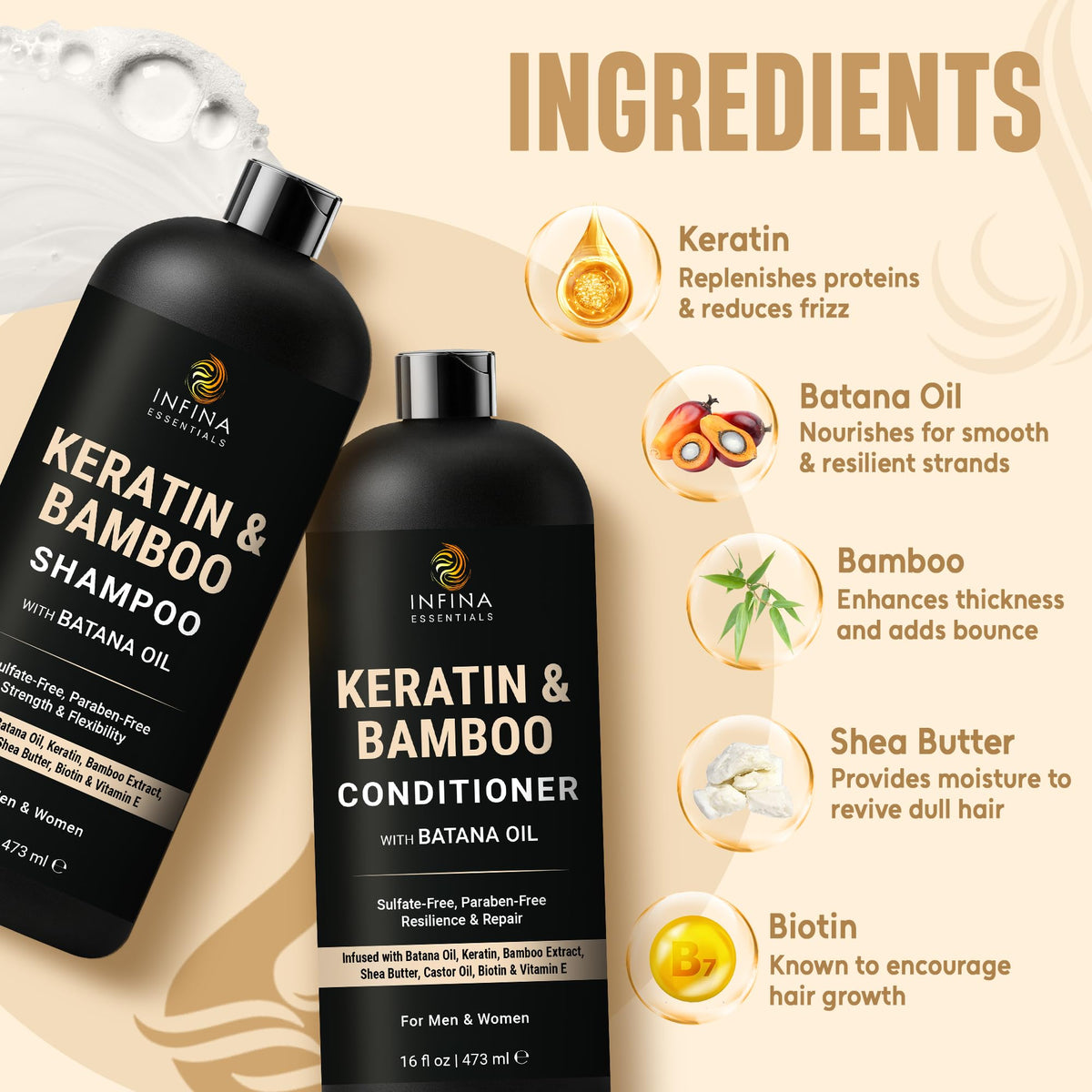 INFINA ESSENTIALS Keratin Shampoo and Conditioner packaging