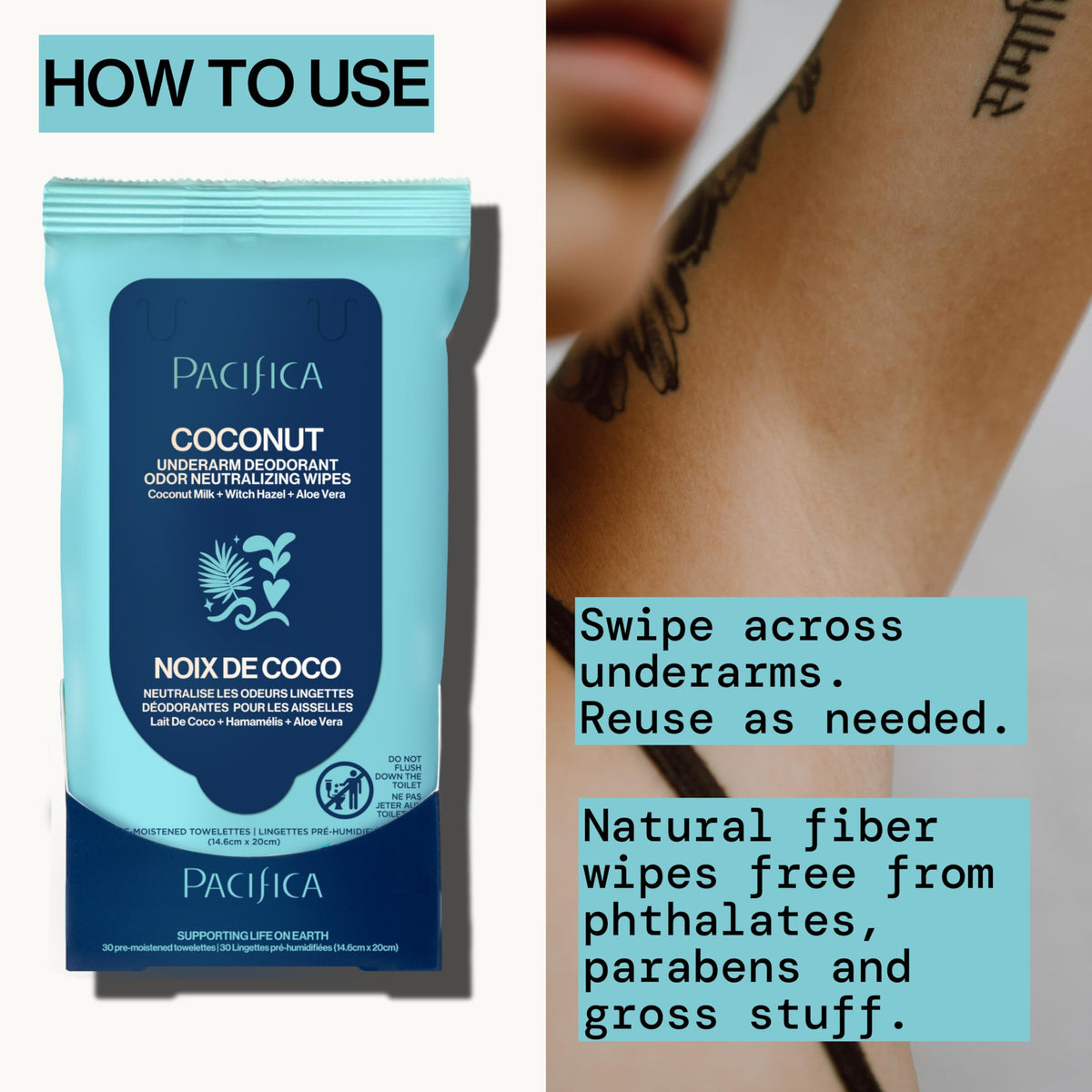 Ingredients list on the back of Pacifica Coconut Milk Deodorant Wipes