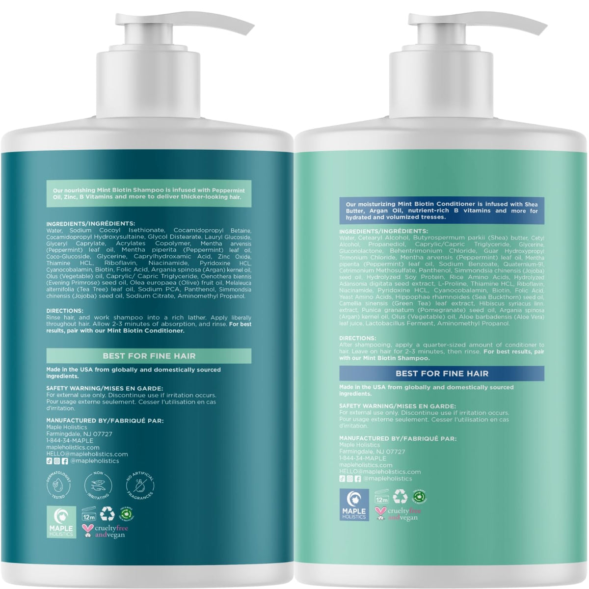 Ingredients of Maple Holistics Volumizing Biotin Shampoo and Conditioner