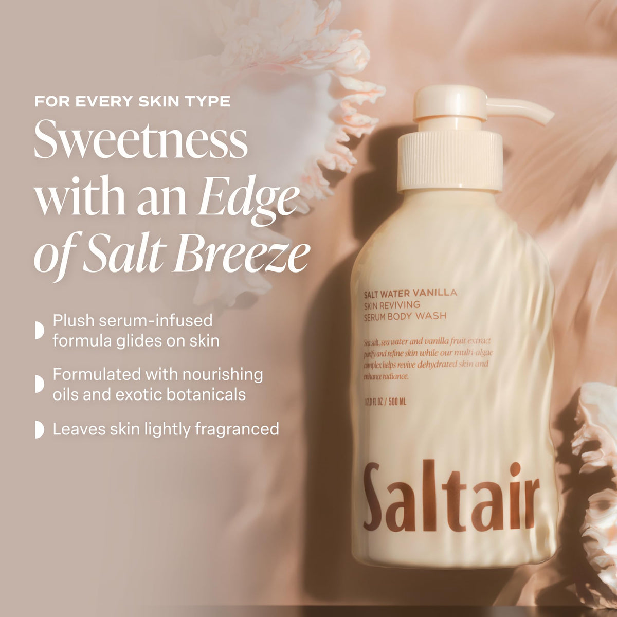 Ingredients of Saltair Body Wash displayed on a countertop