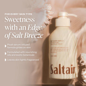 Ingredients of Saltair Body Wash displayed on a countertop