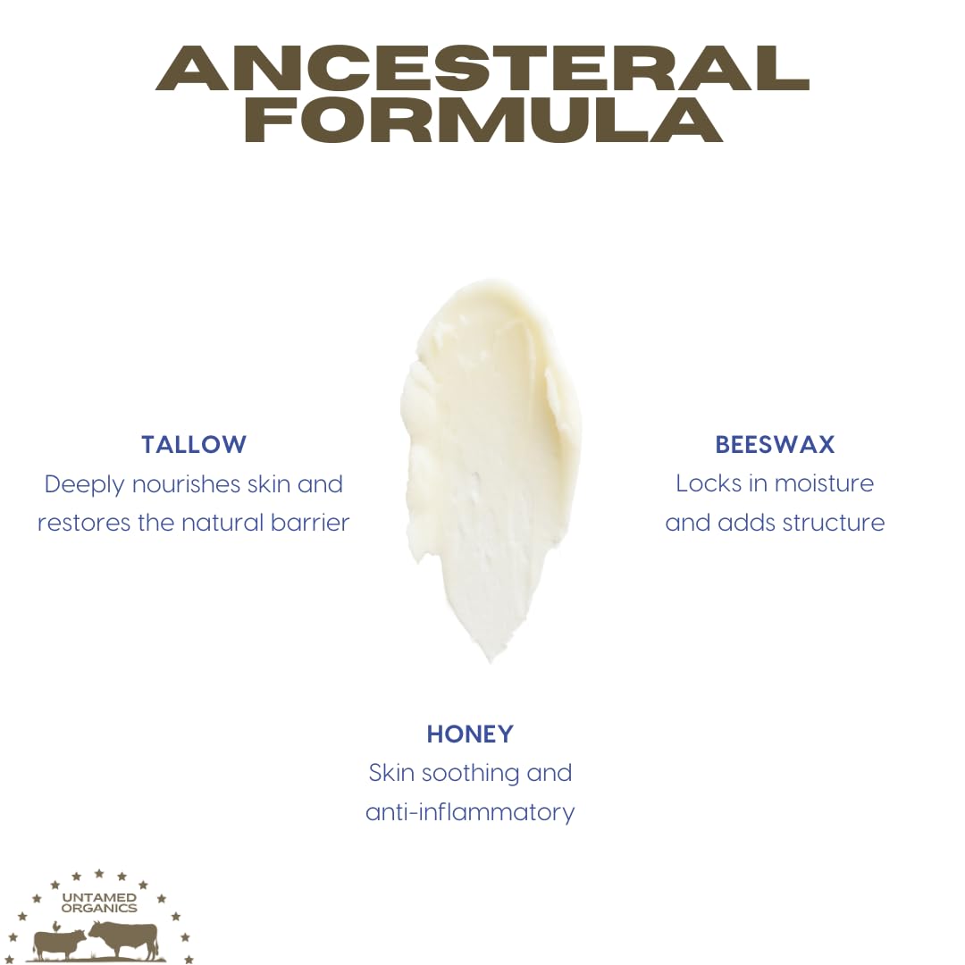 Ingredients of Untamed Organics Tallow & Honey Skin Balm displayed