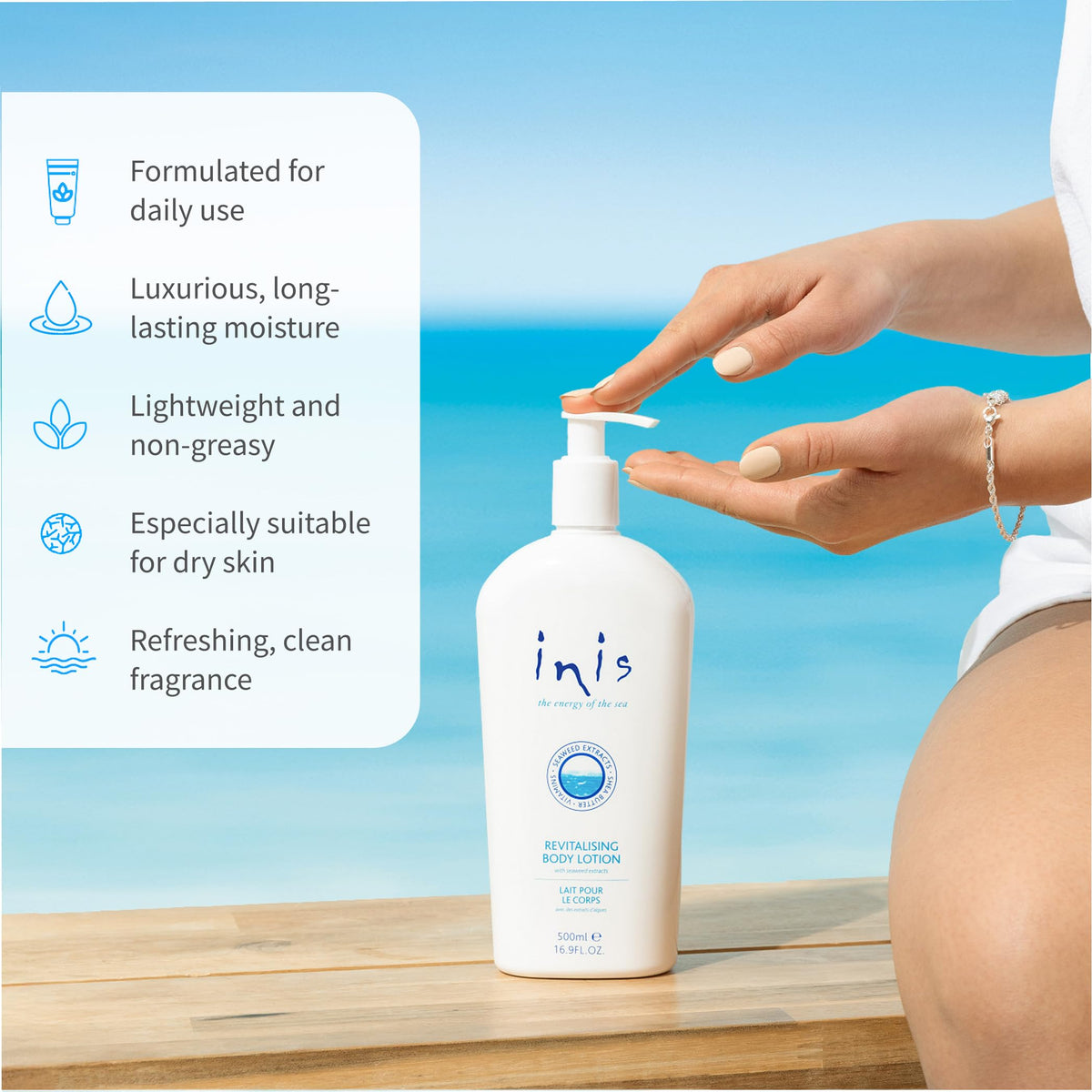 Inis Revitalizing Body Lotion on a wooden surface