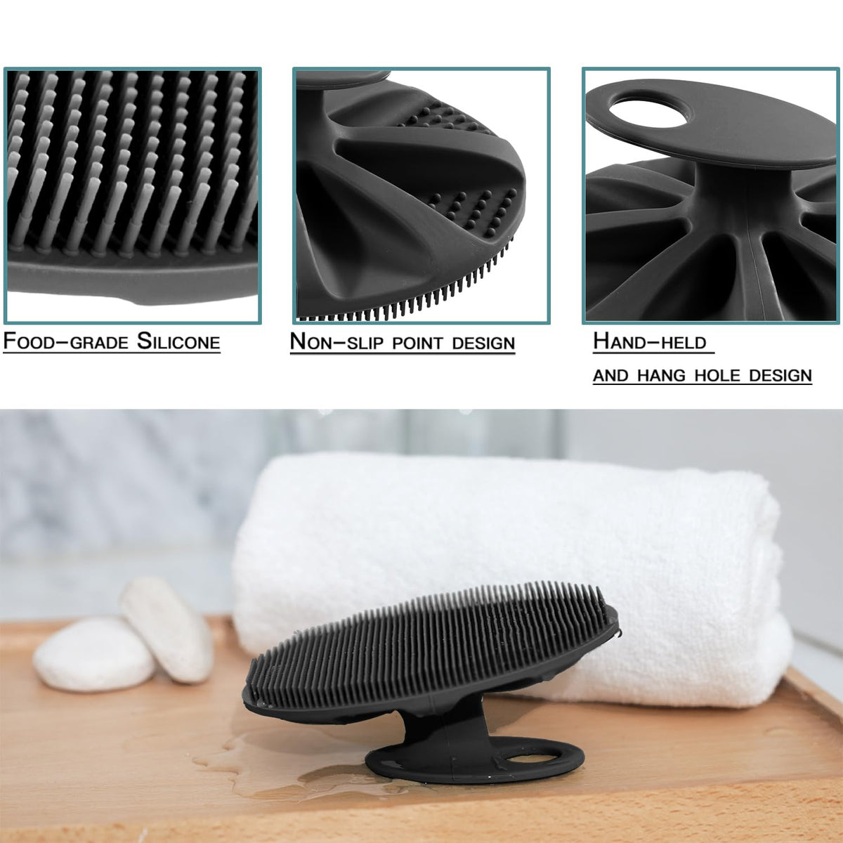INNERNEED Silicone Body Cleansing Brush showing hand-clip handle