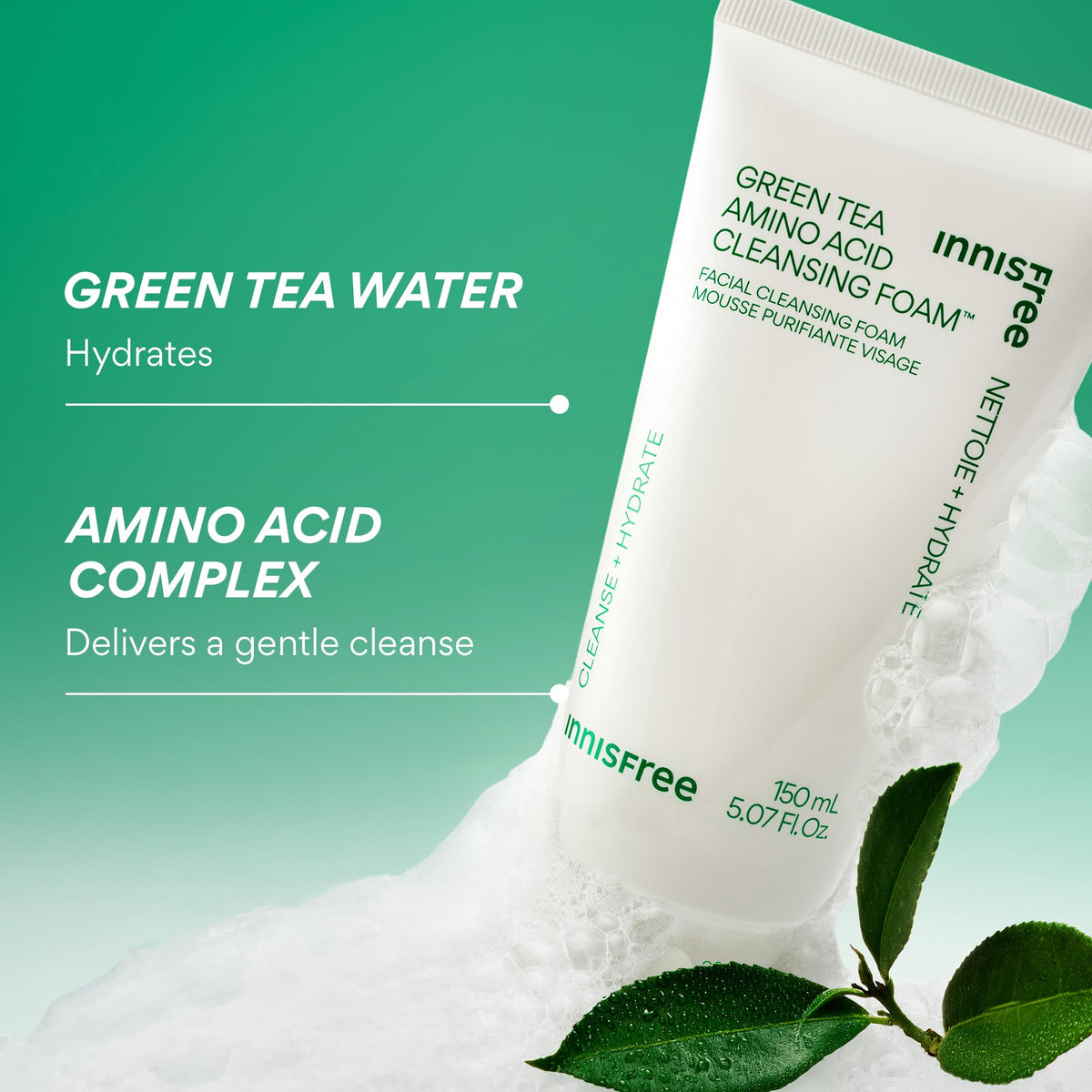 innisfree Green Tea Amino Acid Cleansing Foam on a bathroom counter
